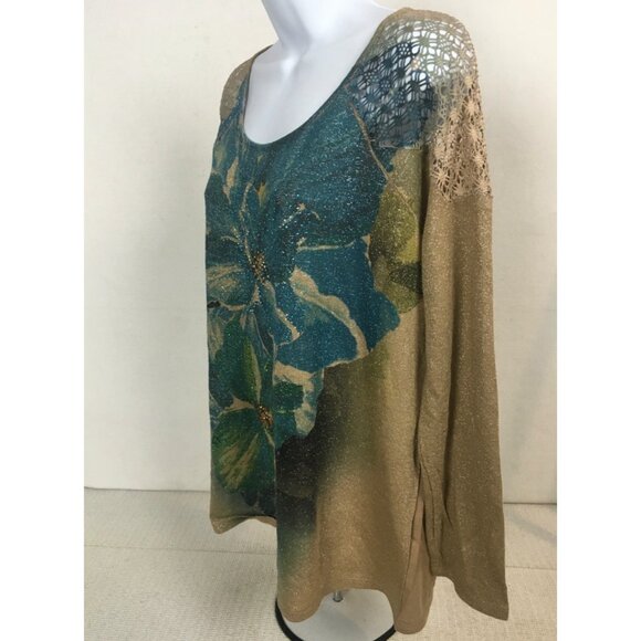 French Bazaar Top Women Size L Tan Blue Sequins Crochet Shoulders Long Sleeves - Picture 4 of 13